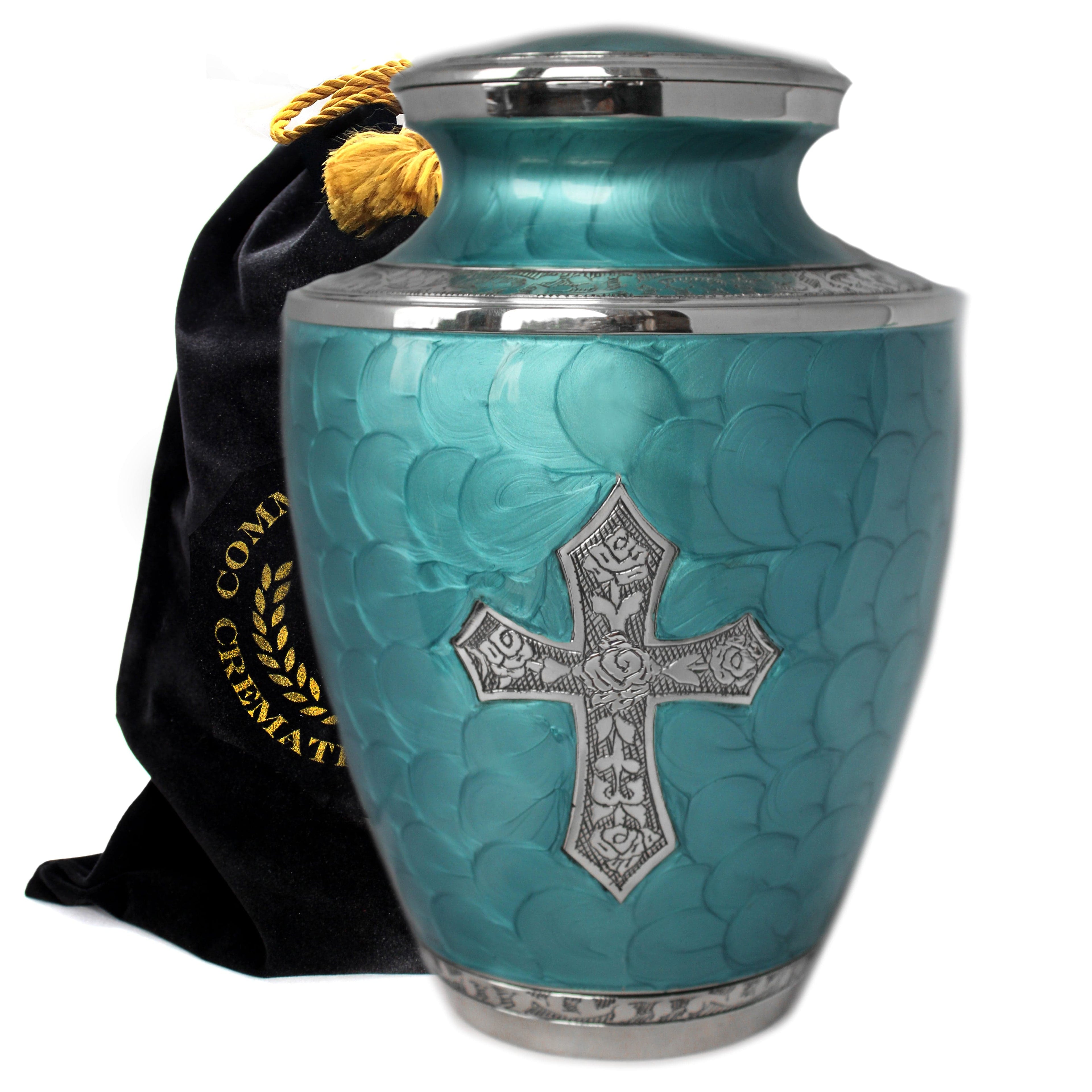 Glory to God Teal Cross Extra Large Urn or Companion Urn – Extra Large Urns for Human Ashes | XL Urn & XXL Urn