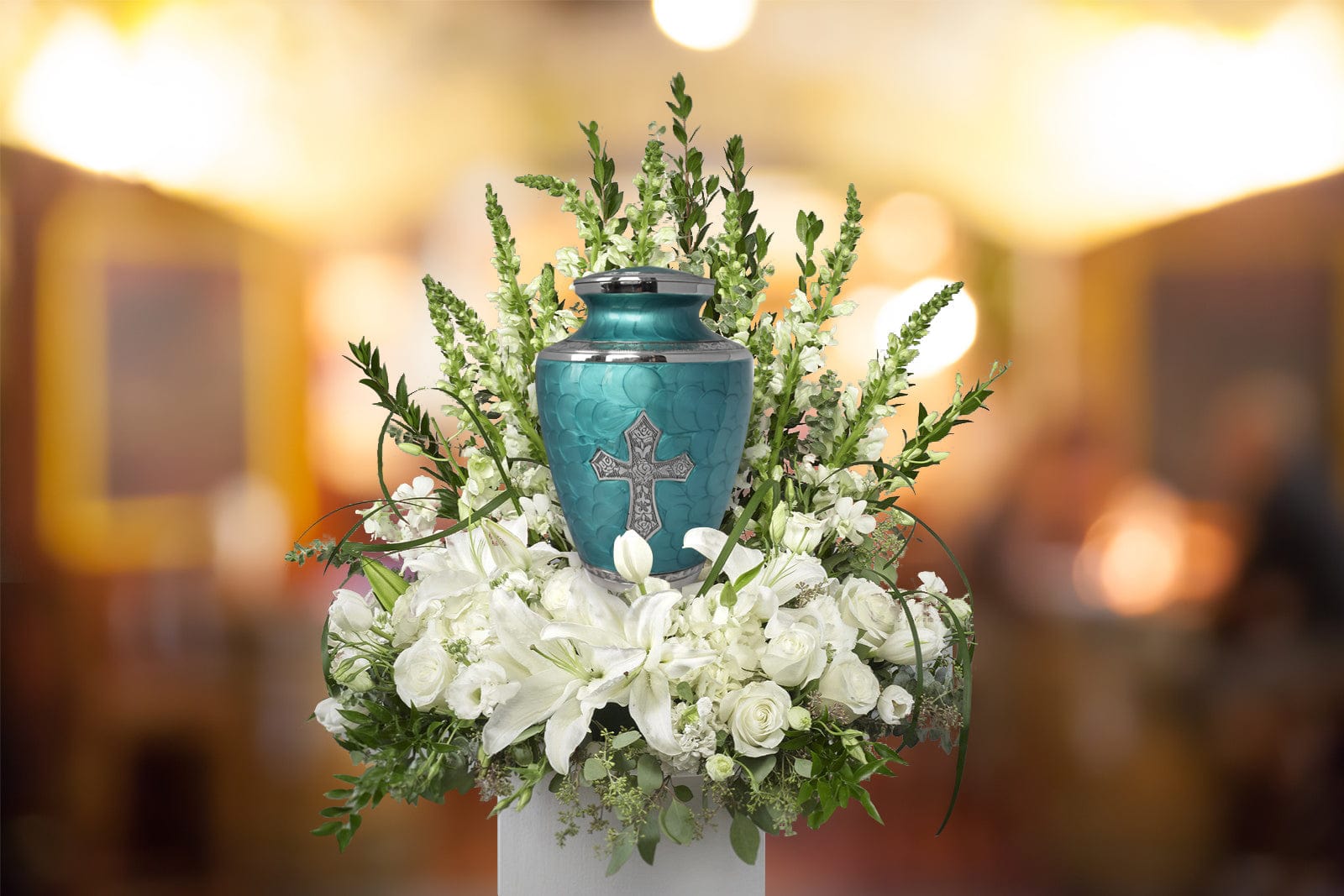 Glory to God Teal Cross Extra Large Urn or Companion Urn – Extra Large Urns for Human Ashes | XL Urn & XXL Urn
