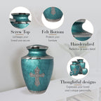 Glory to God Teal Cross Extra Large Urn or Companion Urn – Extra Large Urns for Human Ashes | XL Urn & XXL Urn