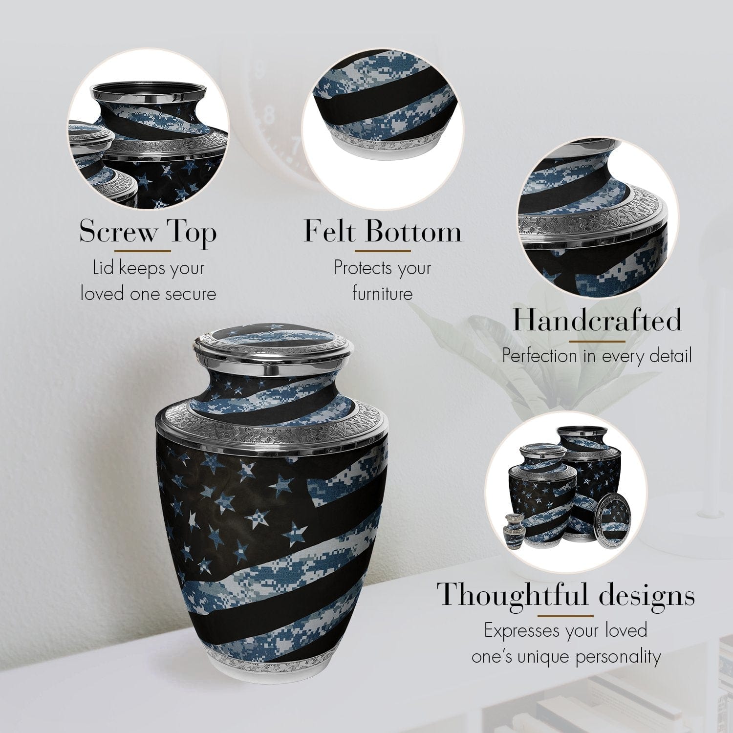 Navy Blue Camouflage Flag Military Extra Large Urn or Companion Urn – Extra Large Urns for Human Ashes | XL Urn & XXL Urn