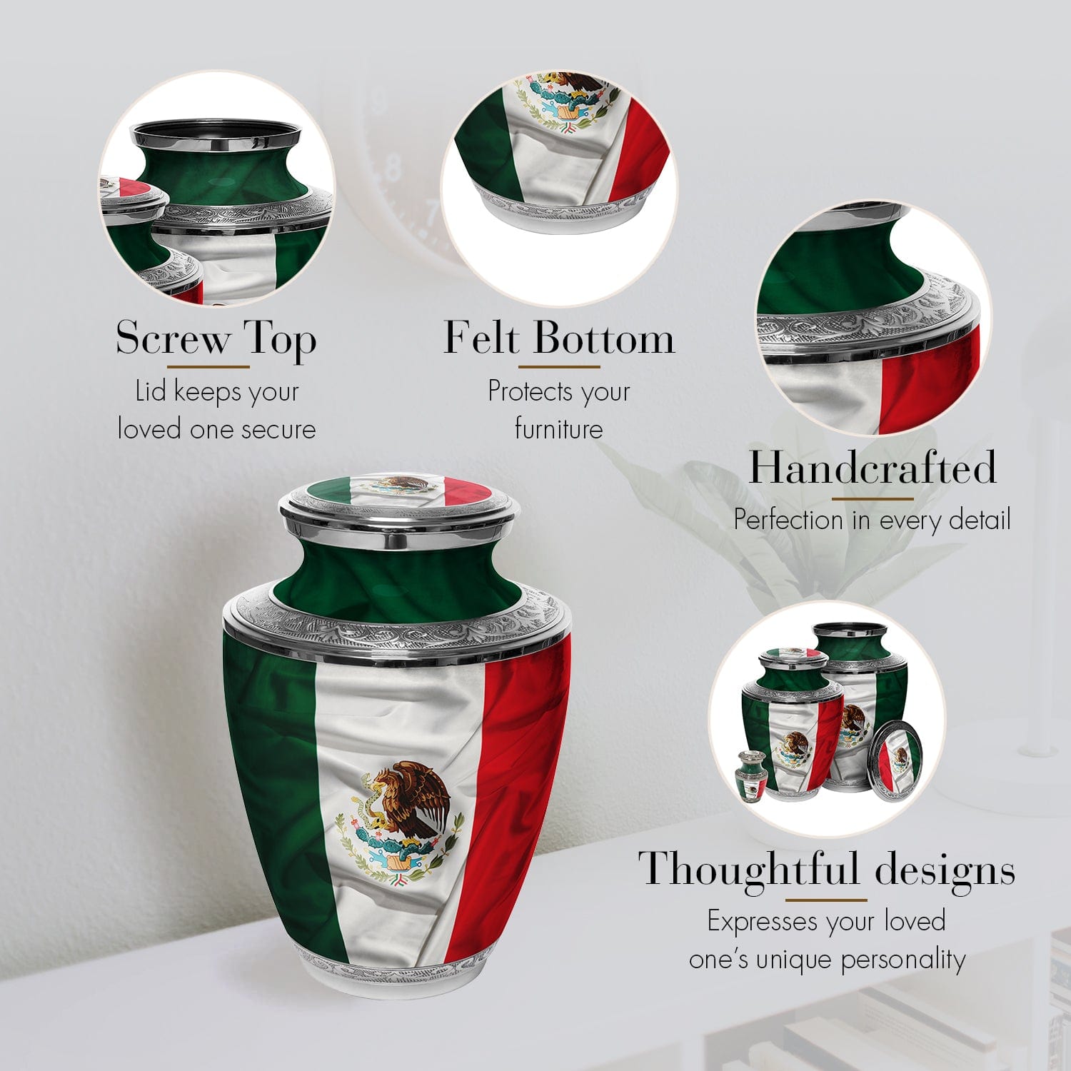 Mexican Flag Cremation Urns for Human Ashes - Large Adult Funeral Urn