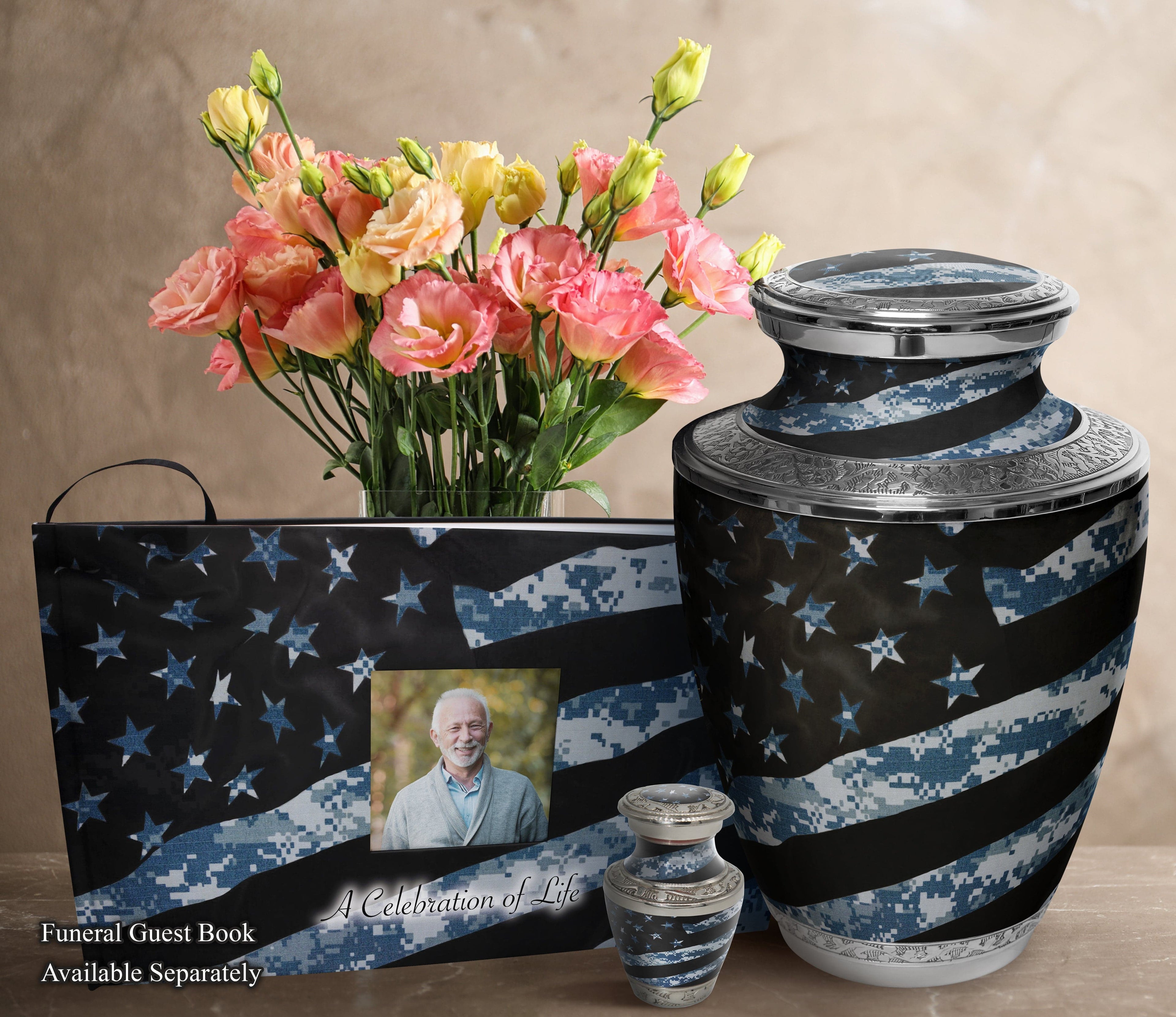 Navy Blue Camouflage Flag Military Extra Large Urn or Companion Urn – Extra Large Urns for Human Ashes | XL Urn & XXL Urn