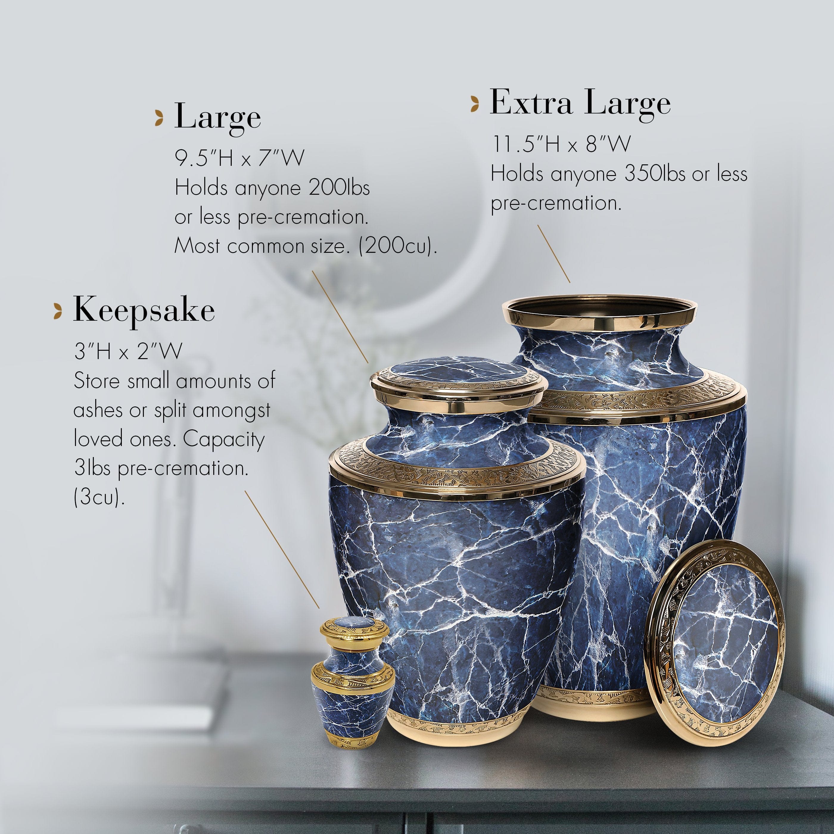 Marble Elegance Blue Cremation Urns for Human Ashes - Large Adult Funeral Urn