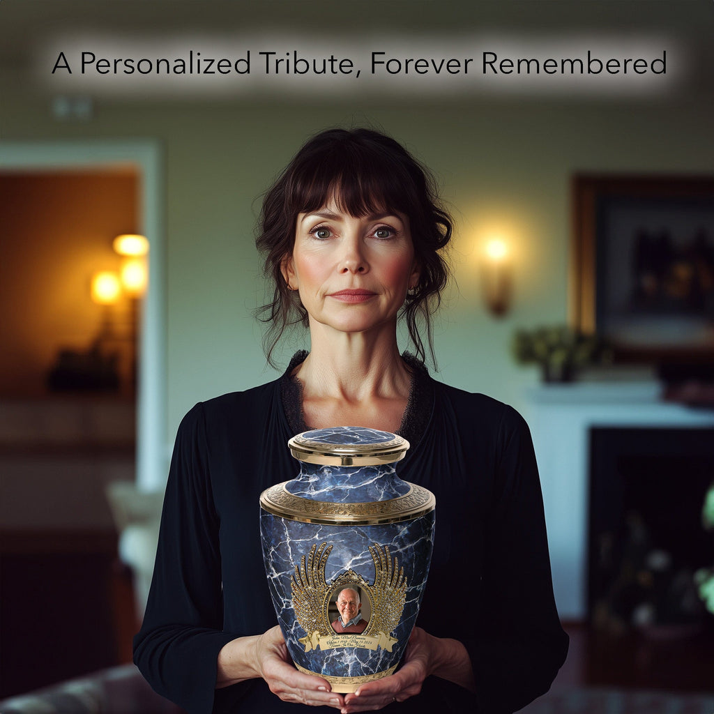 Marble Elegance Blue Cremation Urns for Human Ashes - Large Adult Funeral Urn