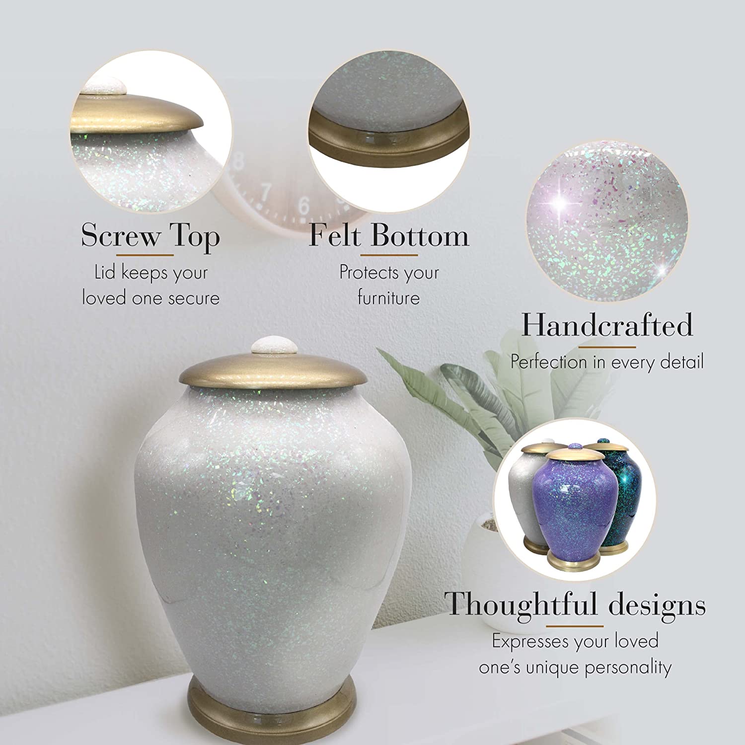 White Sparkling Cremation Urns for Human Ashes - Large Adult Funeral Urn