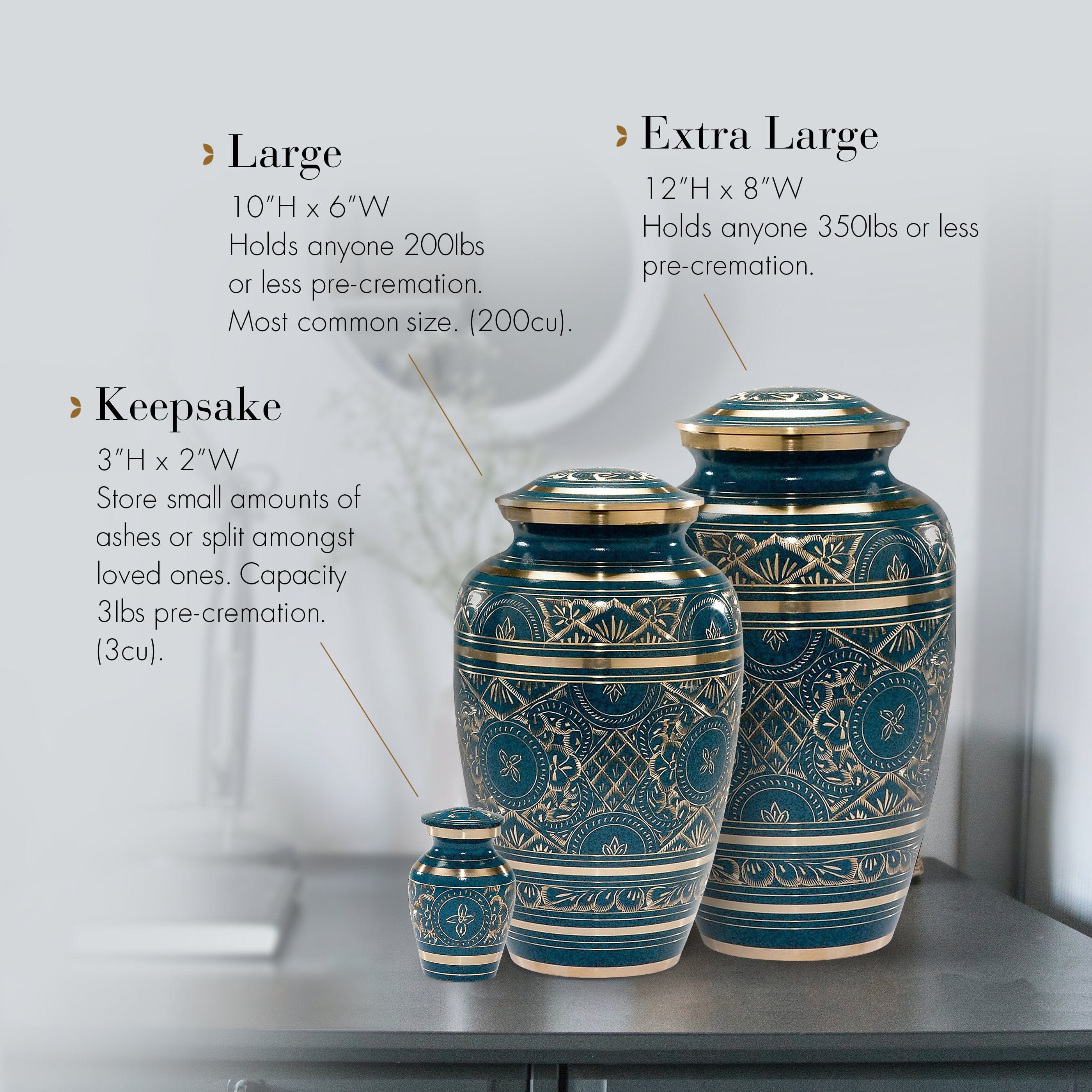Teal Majestic Radiance Cremation Urns for Human Ashes - Large Adult Funeral Urn