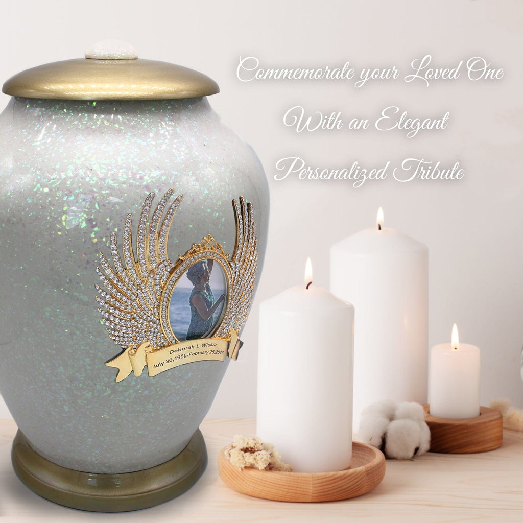 White Sparkling Cremation Urns for Human Ashes - Large Adult Funeral Urn