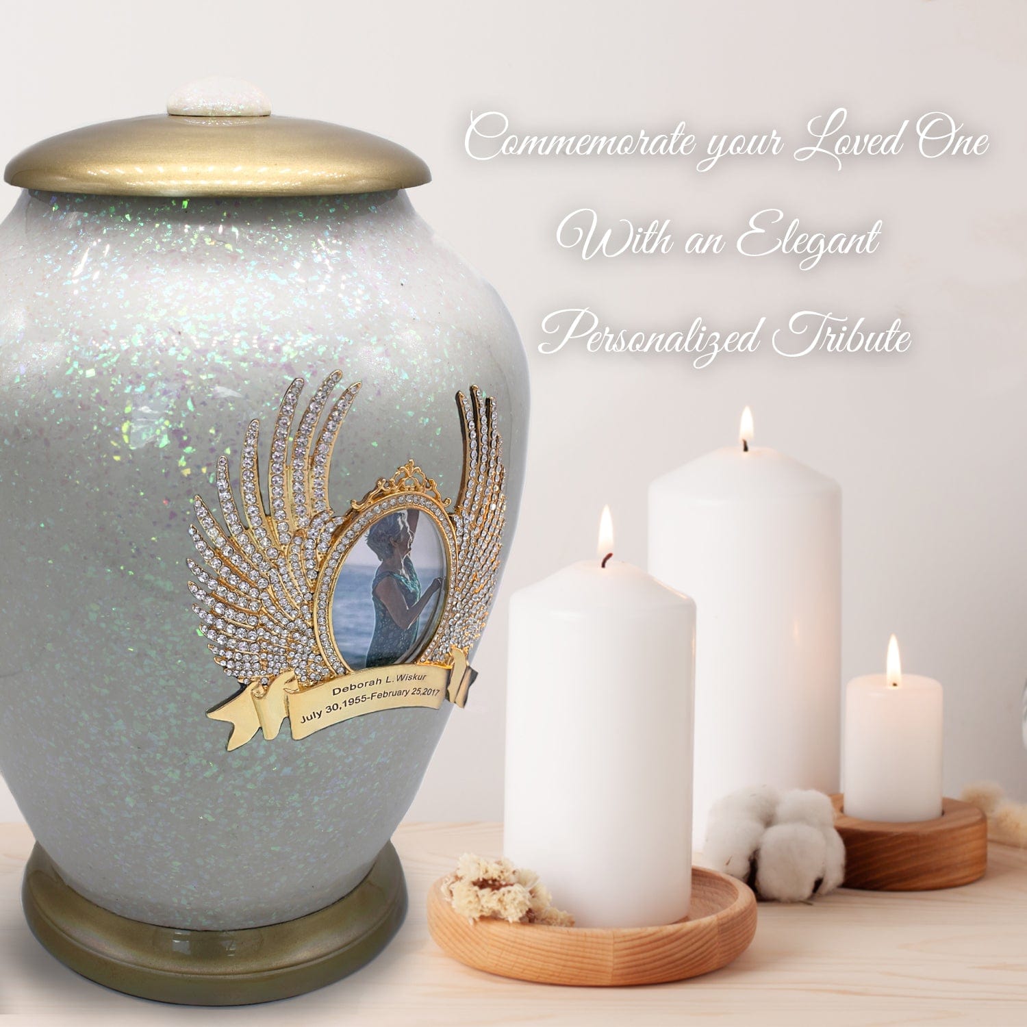 White Sparkling Cremation Urns for Human Ashes - Large Adult Funeral Urn