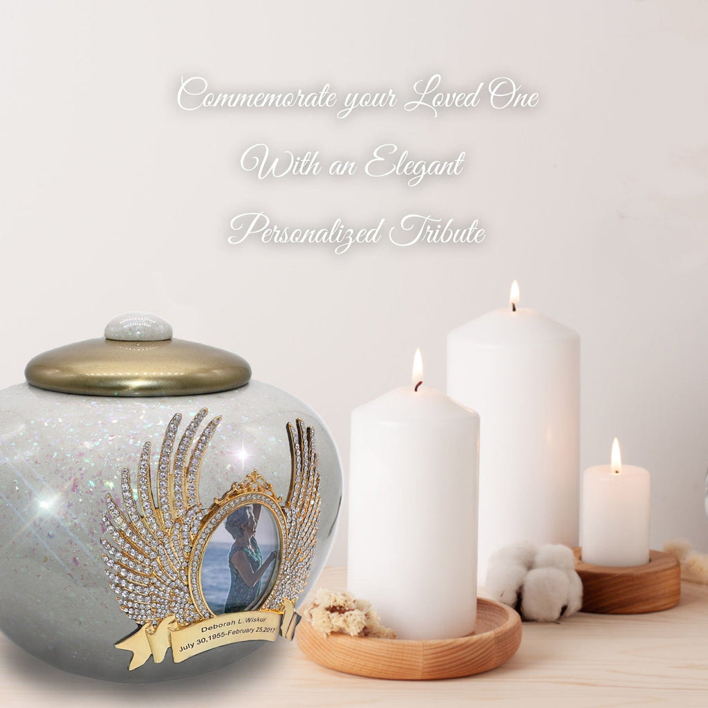 White Sparkling Cremation Urns for Human Ashes - Large Adult Funeral Urn