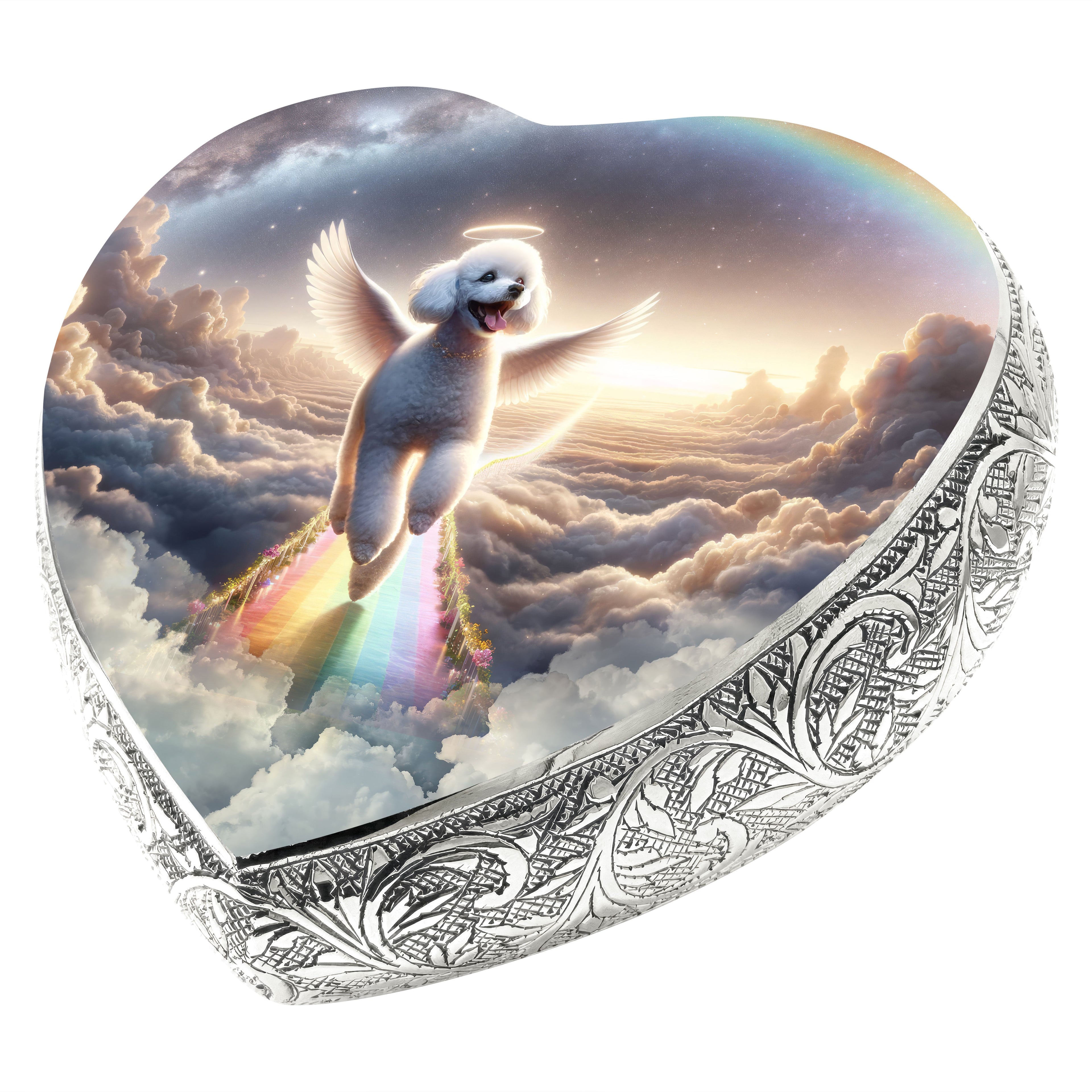 White Mini Poodle Dog Urn - Rainbow Archway Urn for Dog Ashes